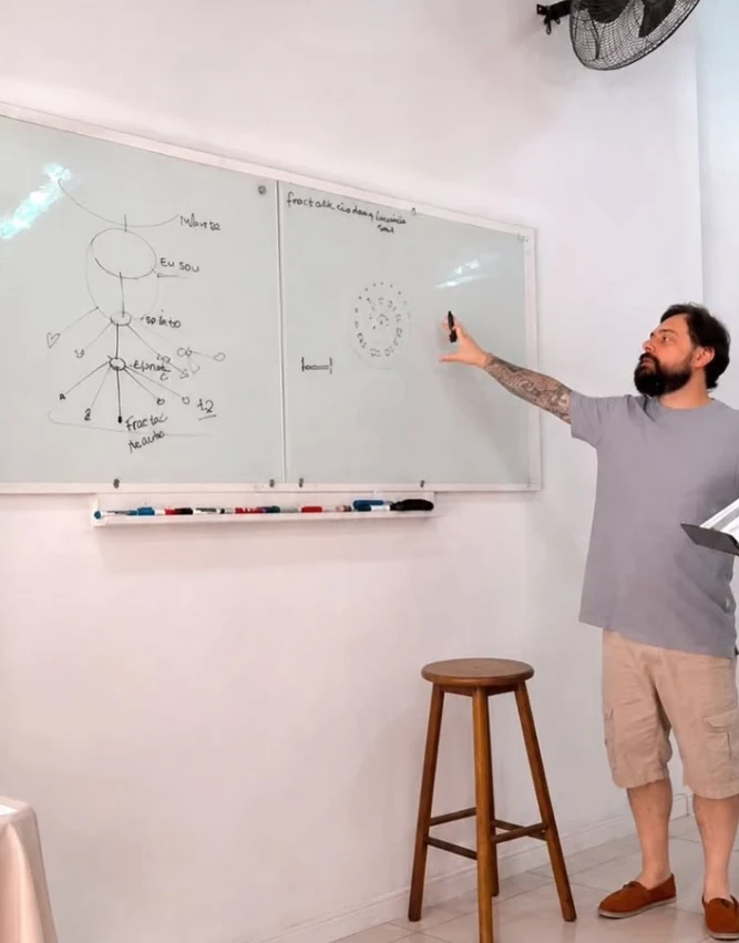 Igor conduzindo uma aula diante do quadro